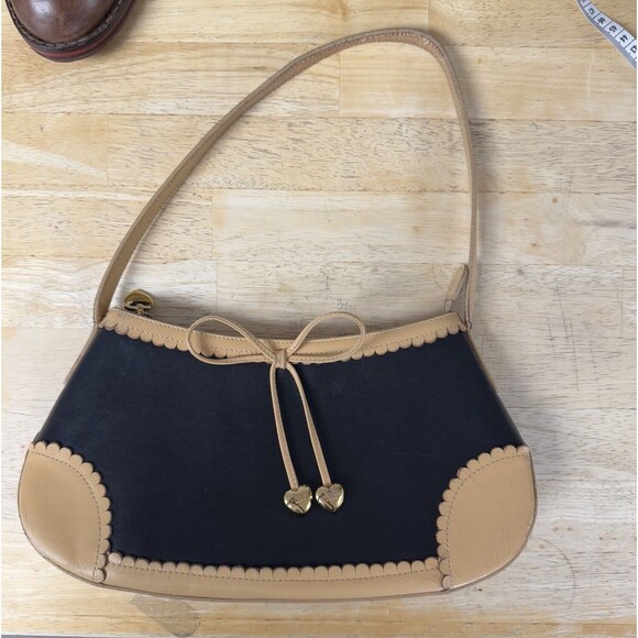 Lovecat Paris Y2K Leather Shoulder Bag 2 Tone Bow Scalloped Black Tan 90s 1990 - Picture 2 of 16